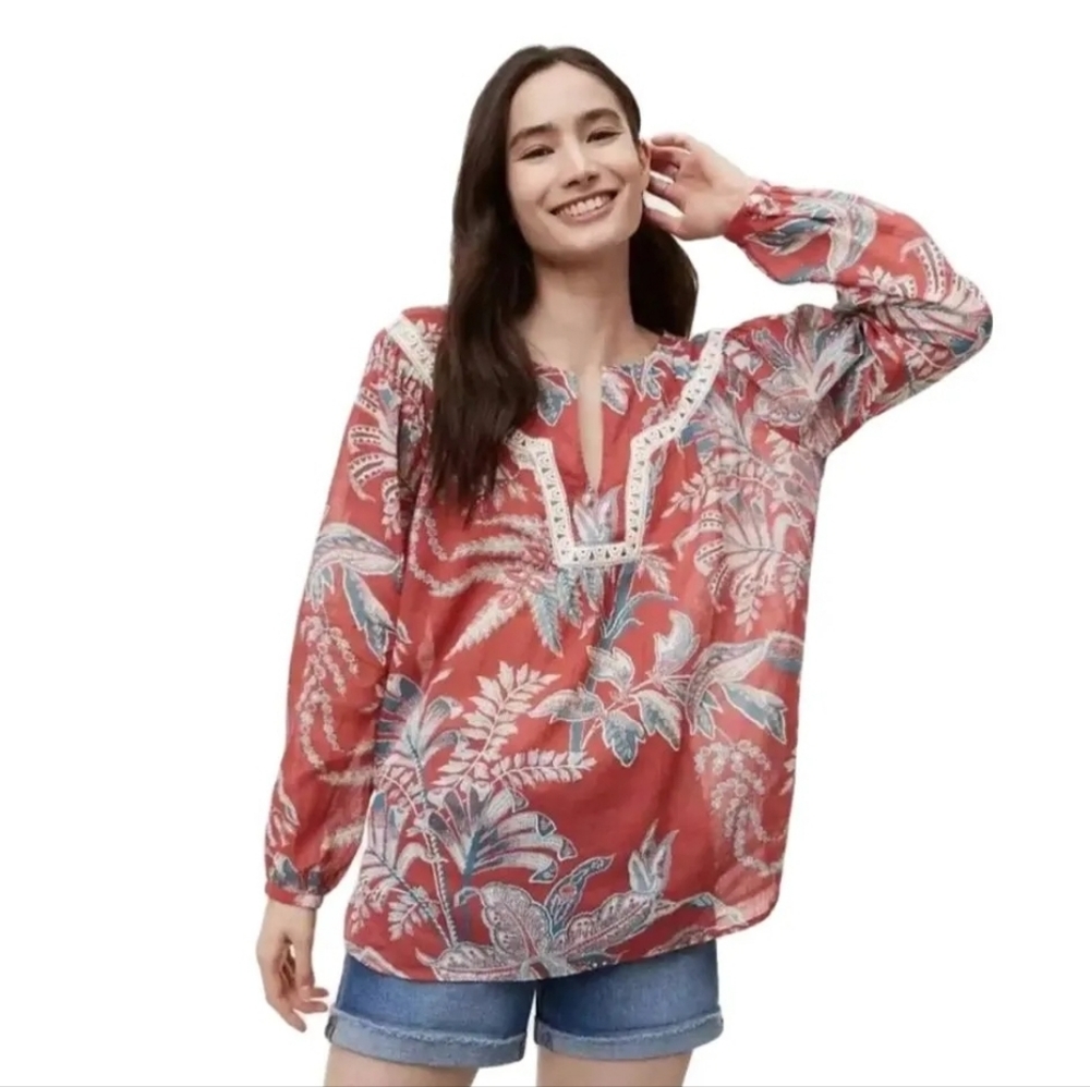 LOFT Iris Botanical Print Coral Crochet Lace Peasant Top Women's Small